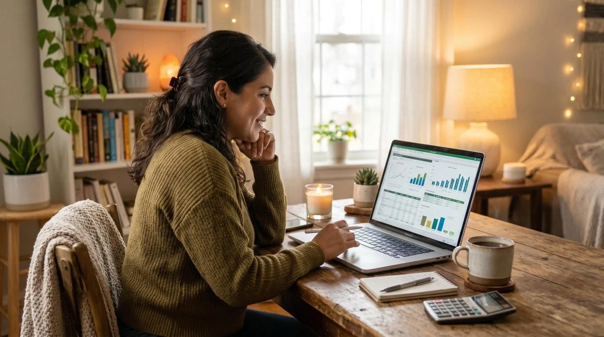 Mulher analisando dados financeiros em um laptop em um ambiente doméstico aconchegante, com uma xícara de café ao lado e uma iluminação quente e suave