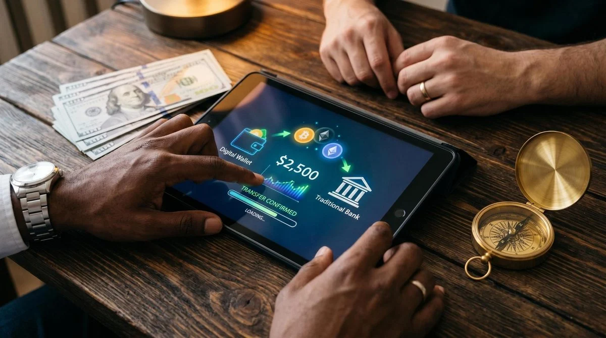 Close-up de mãos transferindo dinheiro digitalmente em um tablet, com notas de dólar e uma bússola dourada ao fundo em uma mesa de madeira escura, sim