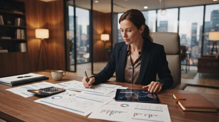 Pessoa analisando documentos financeiros e gráficos de rendimentos em uma mesa de trabalho
