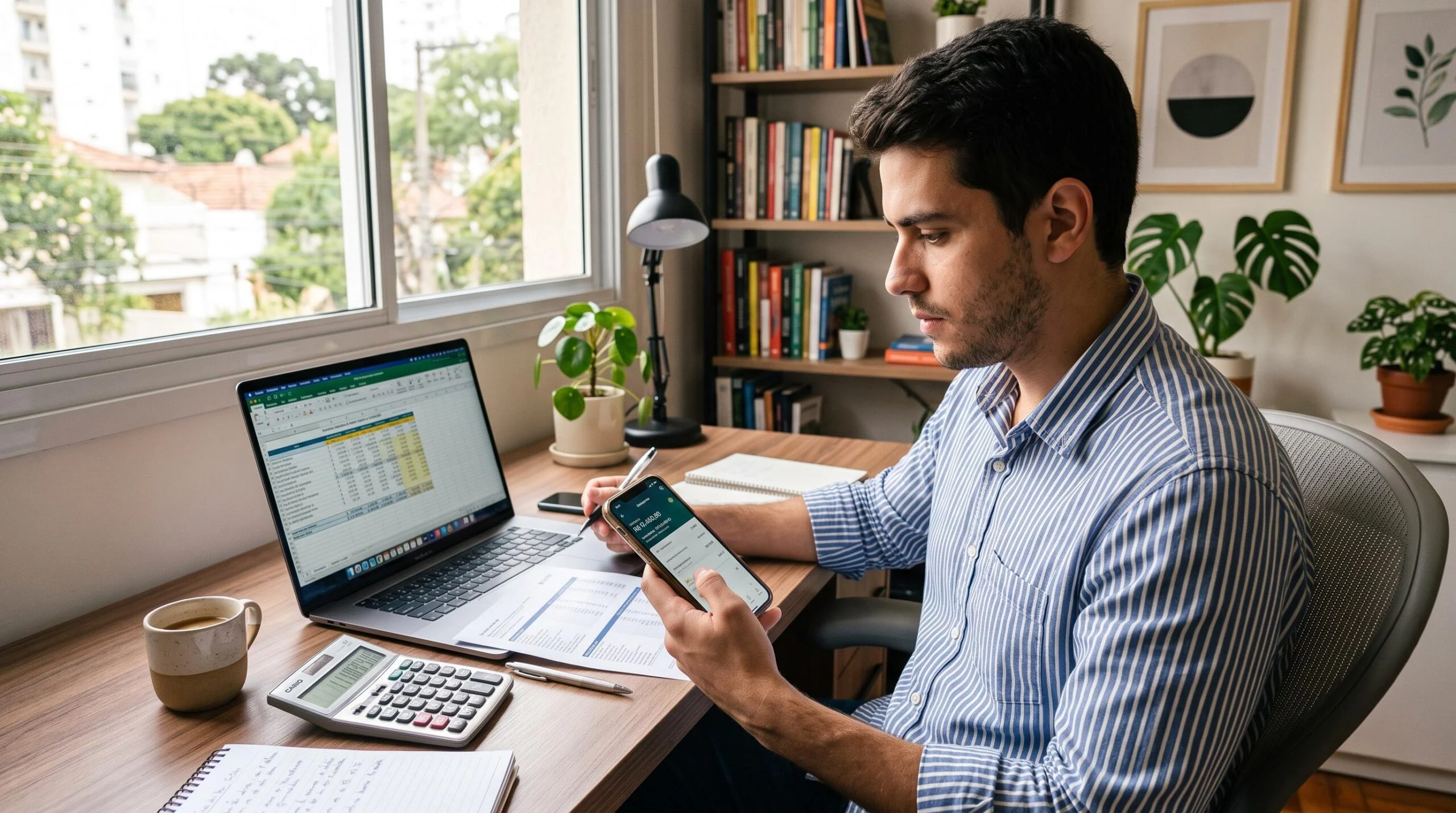 Alt text: Jovem profissional brasileiro sentado em um home office moderno conferindo o saldo e parcelas no celular antes de solicitar um financiamento
