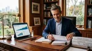 Pessoa de terno azul revisando documentos financeiros em uma mesa de madeira com laptop e livros