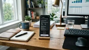 Smartphone posicionado sobre uma mesa de trabalho organizada, com a tela mostrando o aplicativo bancário aberto na funcionalidade de geração de cartão
