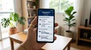 Pessoa segura smartphone exibindo aplicativo financeiro com transferências e metas de poupança em sala iluminada
