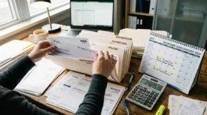 Pessoa organizando pastas de despesas e contas em uma mesa de madeira com calculadora e calendário
