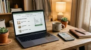 Laptop aberto em uma página de e-commerce com carrinho de compras visível, ao lado um smartphone exibe uma notificação de confirmação de pagamento seg
