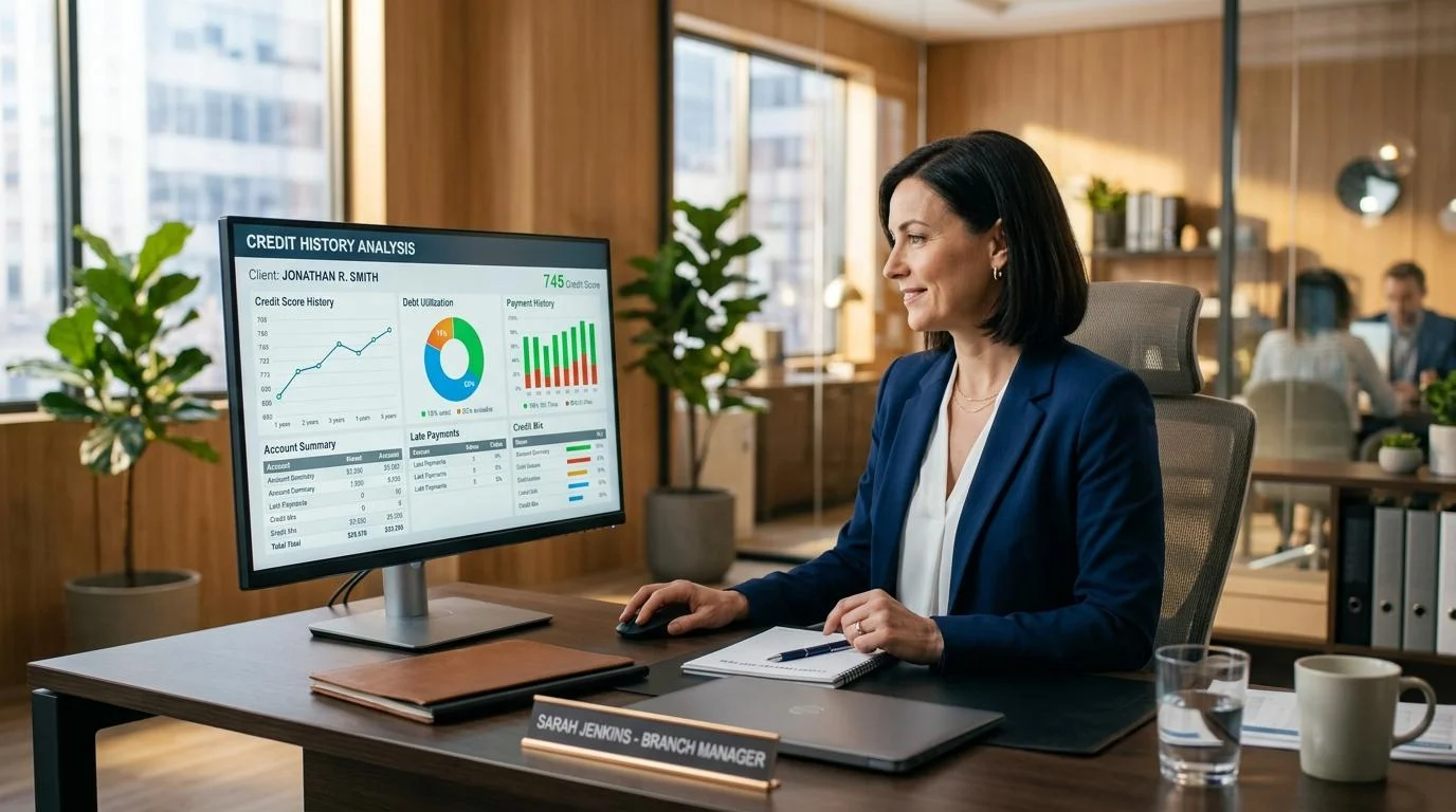 Gerente bancário analisando histórico de crédito em um monitor de computador em um escritório limpo e moderno, com gráficos e dados financeiros visíve
