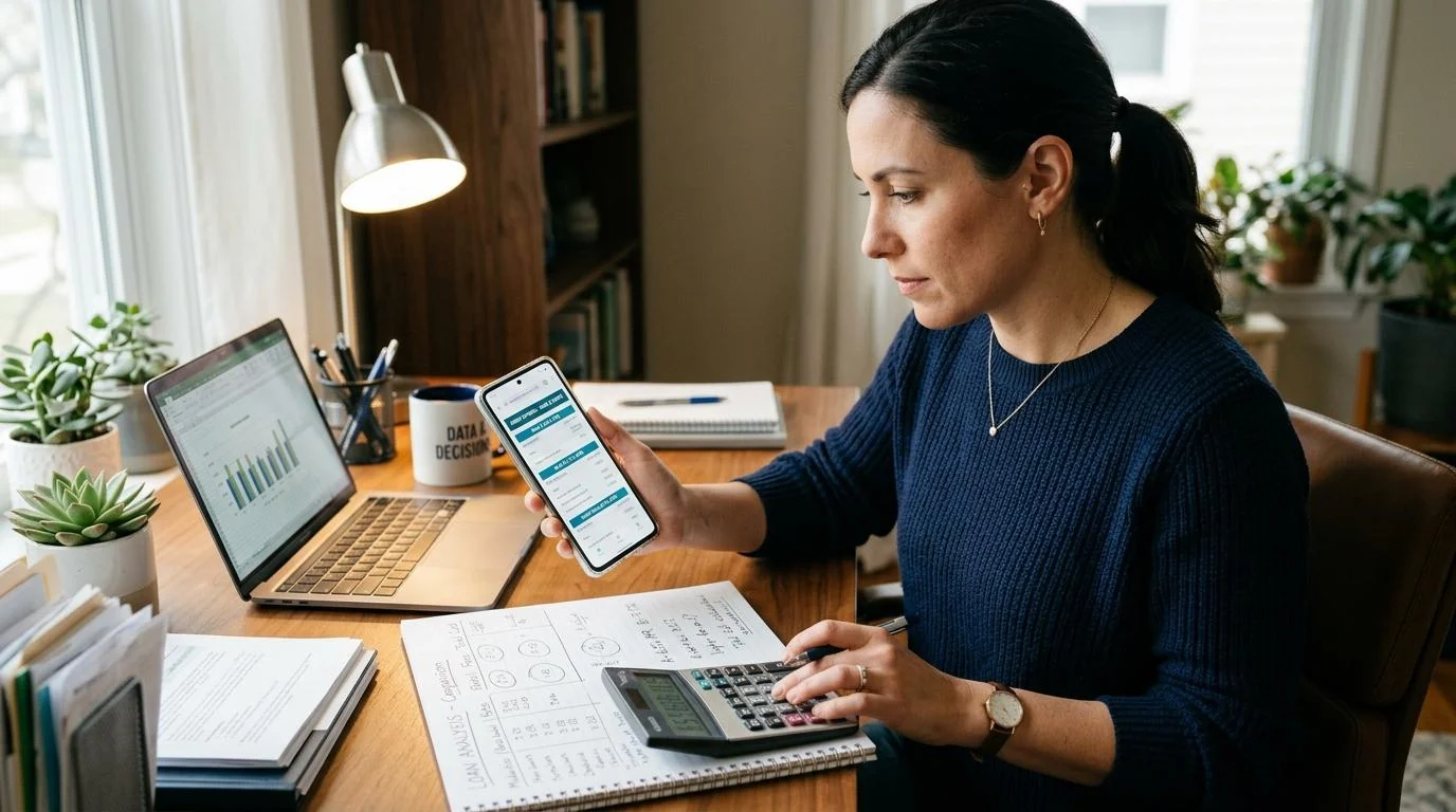 Pessoa analisando informações financeiras em seu celular enquanto segura uma calculadora e anotações sobre uma mesa de trabalho organizada