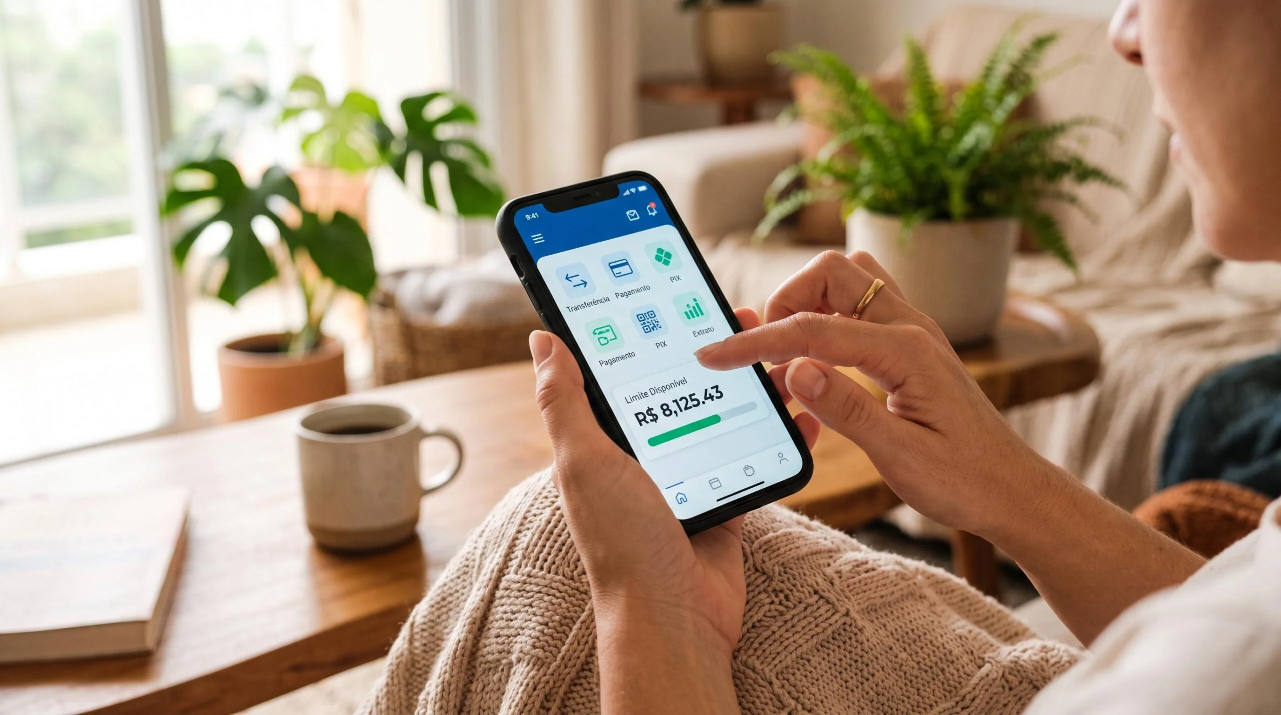Close-up das mãos de uma pessoa navegando em um aplicativo bancário no celular, com a tela mostrando opções de pagamento e limite disponível 
